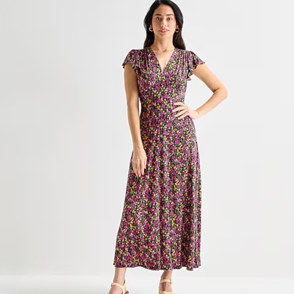 MSK Floral V-Neck Maxi Dress in Black and Pink Sz M NWT